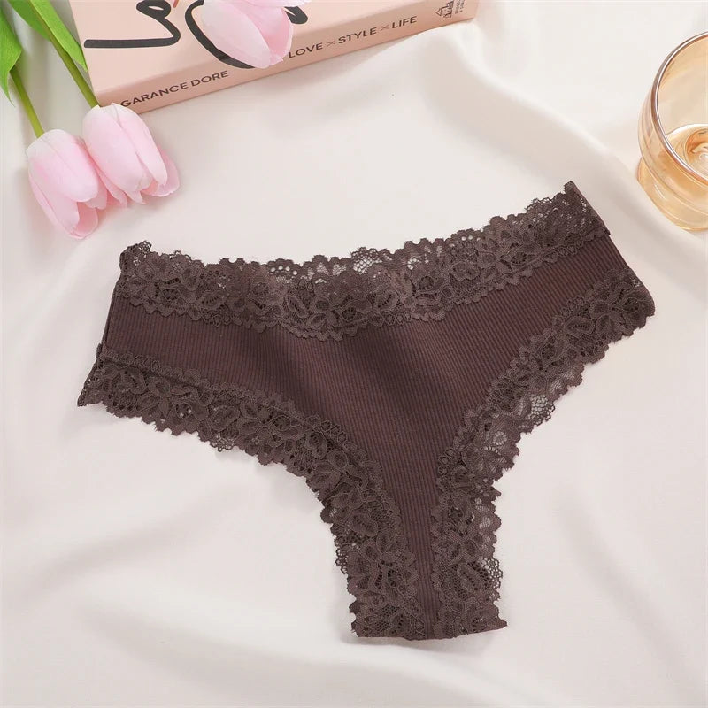 New Lace Seamless Cotton Panties Ribbed Maillard Brazilian Pants LowWaist Women Panties Breathable Girls Underwear Soft Lingerie