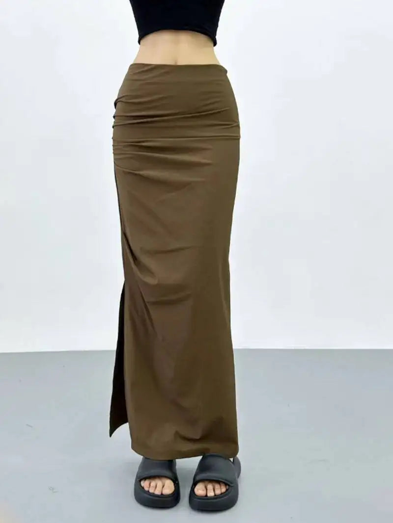 2026 New Pleated Side High Slit Half Length Skirt Women's Summer Spicy Girl Pure Desire Slim Wrap Hip Solid A-line Skirt 7MHN