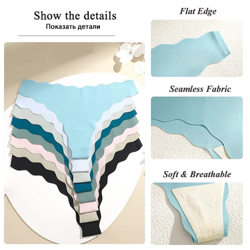 4Pcs Women Seamless Panties Wavy Design Ultra-thin Thongs Women Ice Silk Underwear Sexy Panty Low Waist G-string Female Solid