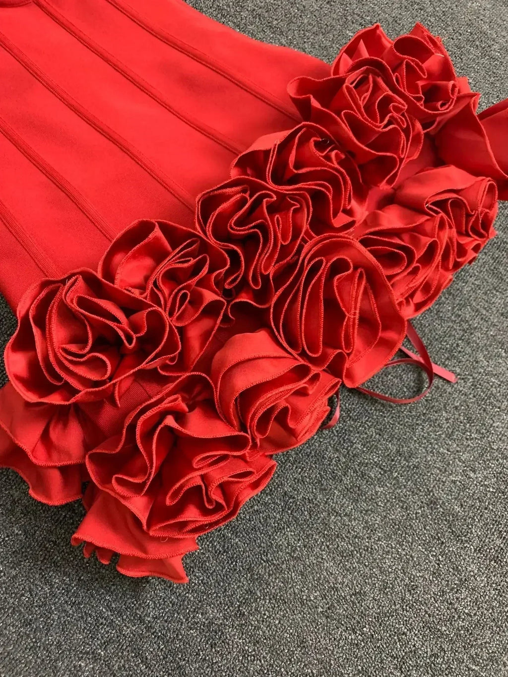 Women Red Evening Bandage Dress Hot Strapless Bodycon Flowers Hem Laced Up Mini Celebrity Birthday Party Dresses One Piece Gala
