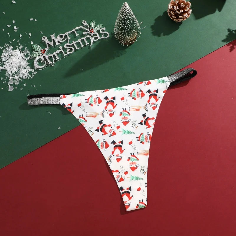 4Pcs Christmas Print Underwear Breathable Shiny Belt Thong Women Skin-friendly Fashionable Casual Christmas Gifts