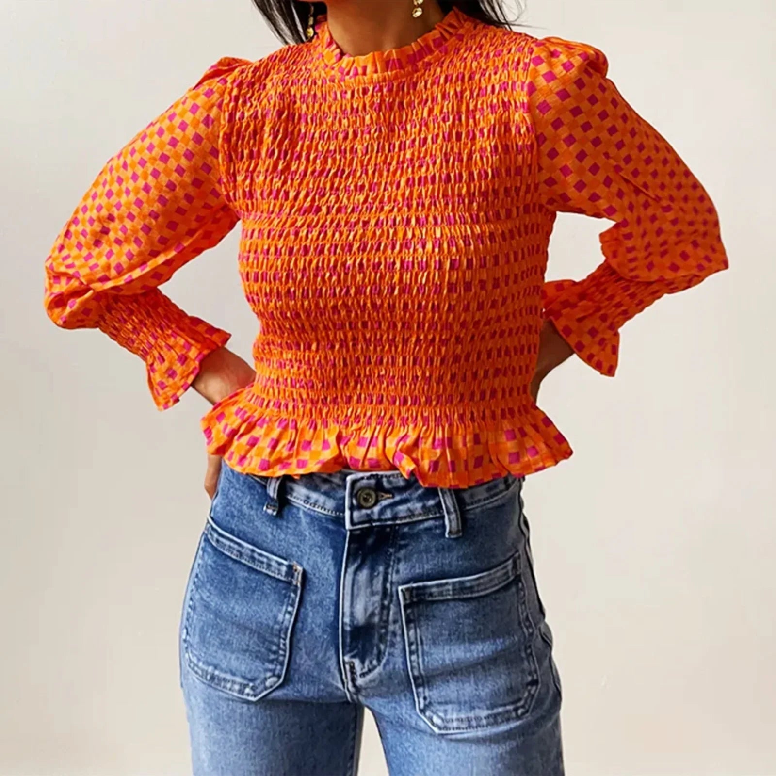 Women Fashionable Casual Round Neck Smocked Bubble 3/4 Sleeve Tops Summer Fall Plaid Print Ruffled T-shirts
