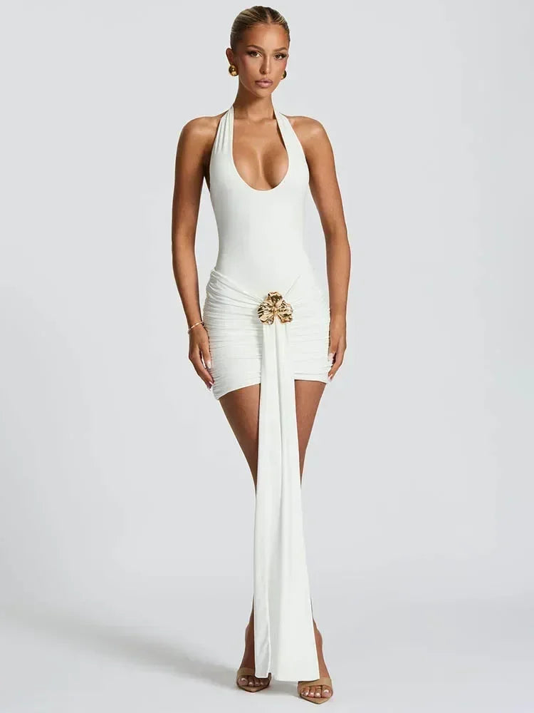 Mozision Metal Flower Draped Ruched Sexy Mini Dress Women Robe Fashion Halter Backless Sleeveless Bodycon Club Party Dress New