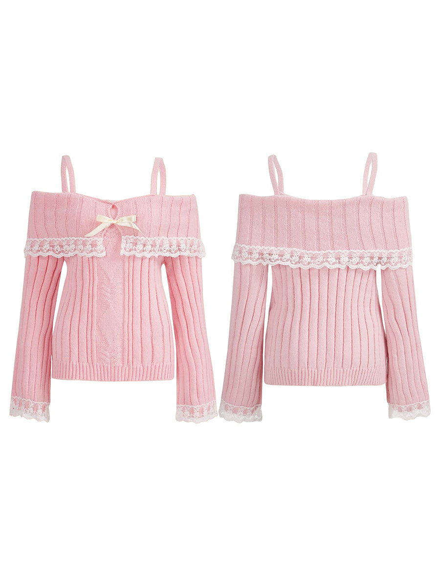 Women Long Sleeve Contrast Lace Knit Pullovers Autumn Winter Cold Shoulder Sweaters Bow Front Jumper Tops Beige/Pink