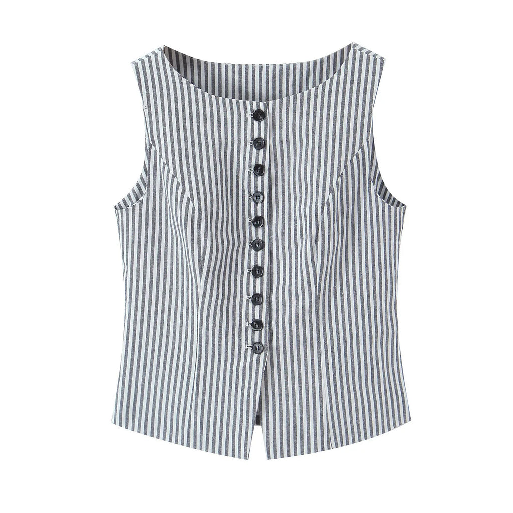 New French Striped Old Money Style Waist-Slimming Sleeveless Vest Top Small Tank Top For Woman Charming Casual Elegant BXUR