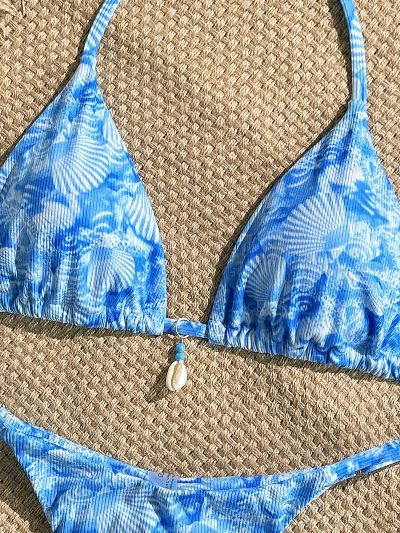Sexy Blue Shell Print Bikini Set Women Halter Push Up Bra Pleate Thong Swimwear 2026 Beach Bathing Suit Holiday Swimsuit Biquini