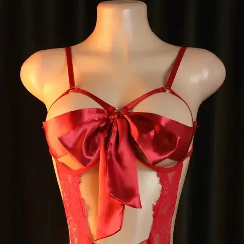 Crotchless Sexy Lingerie For Women Hot Erotic Open Bra Underwear Sexy CostumePerspective Temptation Bodysuit Lace Hollow Bra Set