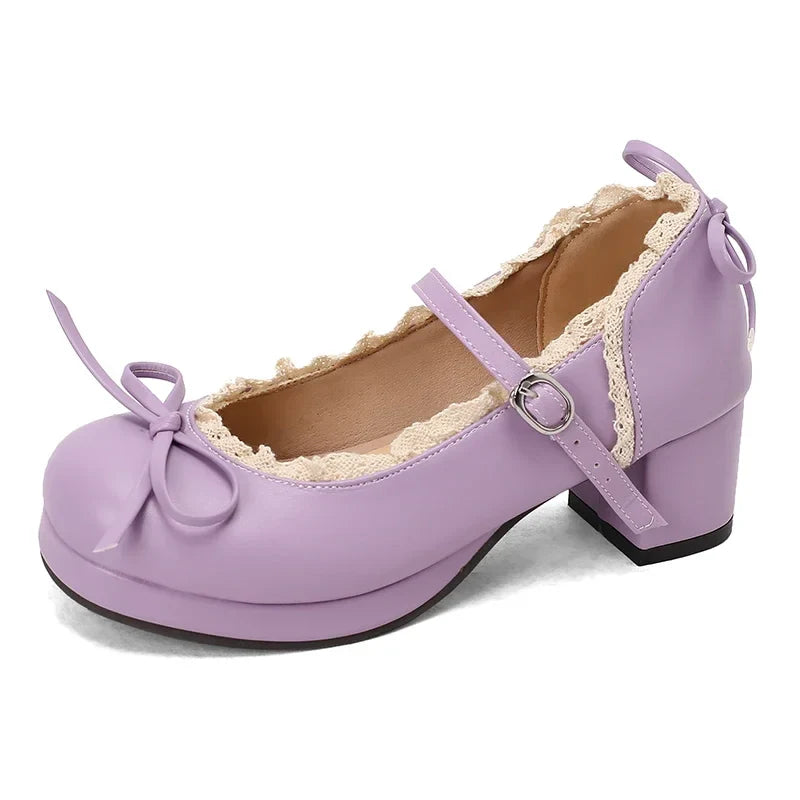 Women's Lolita Cosplay Mary Jane Pumps, Strap Platform Block Heel, Lace & Bow, Kawaii Vintage Dress Shoes Plus Size 31-50