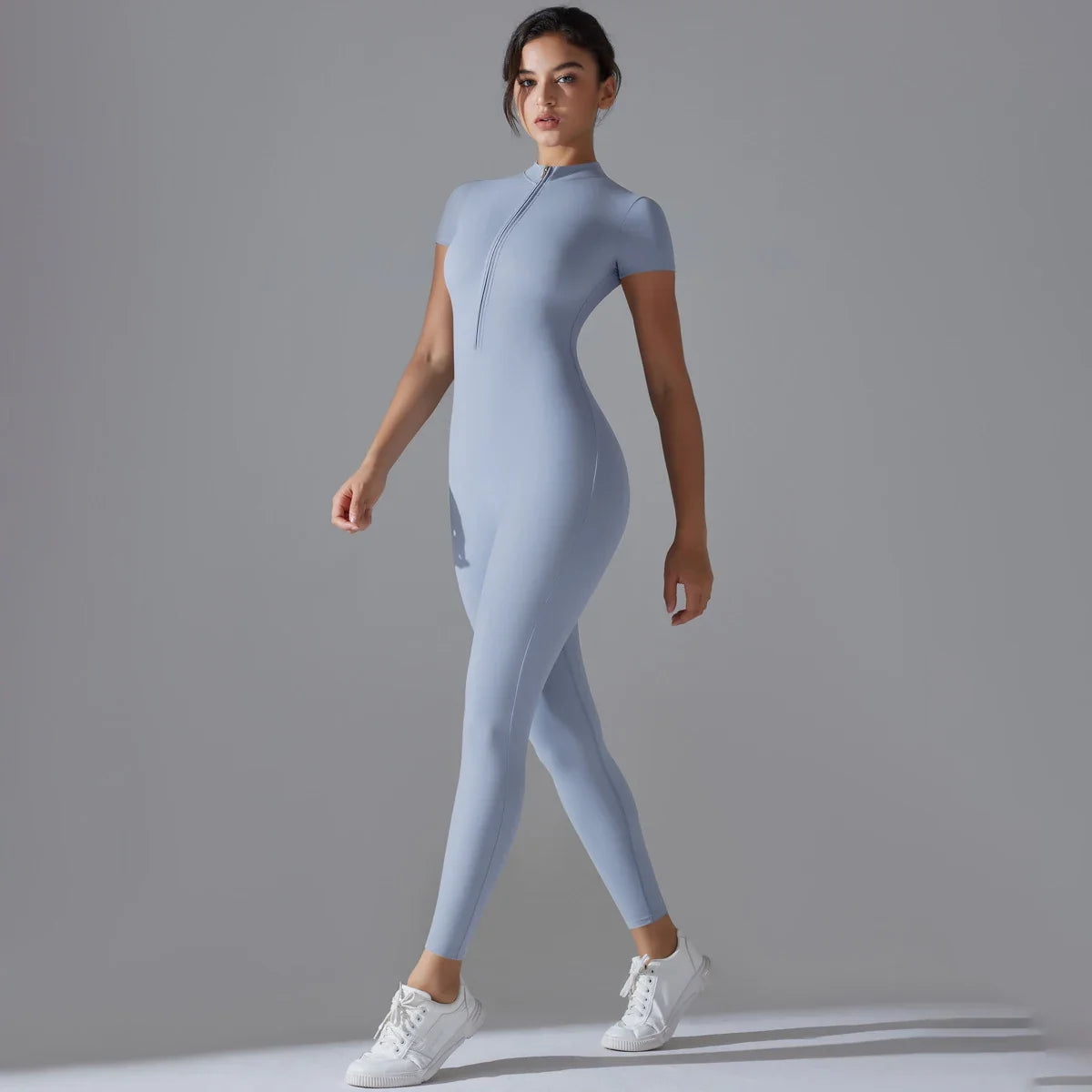 Naked zipper short sleeved yoga suit jumpsuit, quick drying breathable outdoor sports tight fitting jumpsuit, fitness suit