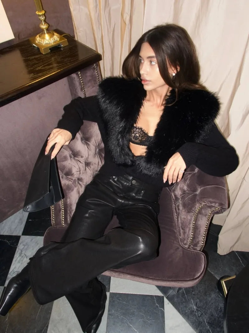 Trendix Black Knit Cardigan For Women Winter Detachable Faux Fur Collar Short Tops Street Slim Party Elegant Outerwear Top Femme
