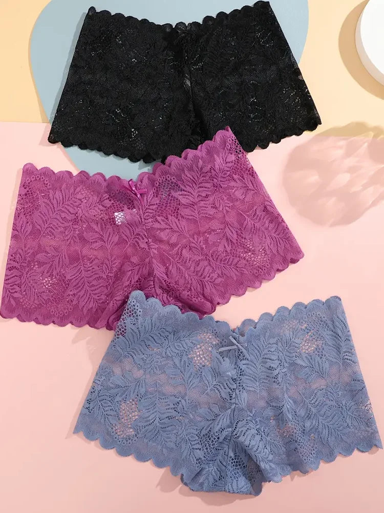 6PCS Women Lace Boxers Briefs Sexy Seamless Breathable Low Waist Female Underwear Solid Color Intimates High Elastic Lingerie
