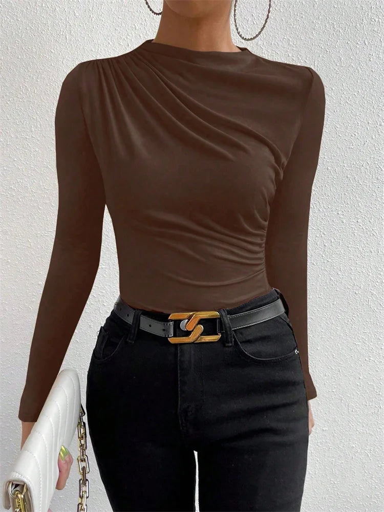Casual Pleated Mock Neck Long Sleeve T-shirt for Women Autumn Winter Spring Solid Color Ruched Skinny Slim Fit Blouse Top Tshirt