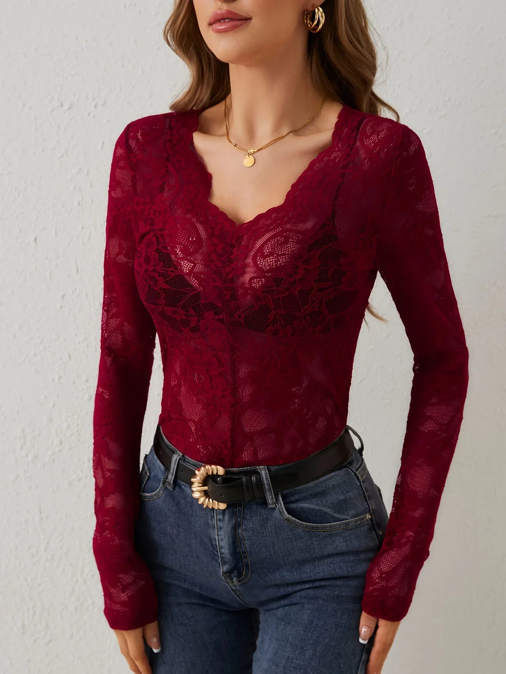 Women Sexy Base Layer Shirt Solid Black Sheer Lace Top Slim Flower Scallop Trim V Neck Long Sleeve T-shirt Trendy Tight Lace Top