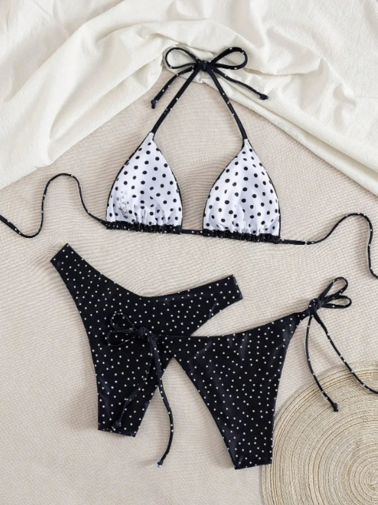 Sexy Black Polka Dot Print 3 Piece Bikini Set Women Tie Side Thong Swimsuit Brazilian Push Up Bathing Suit Swimwear Biquini 2026