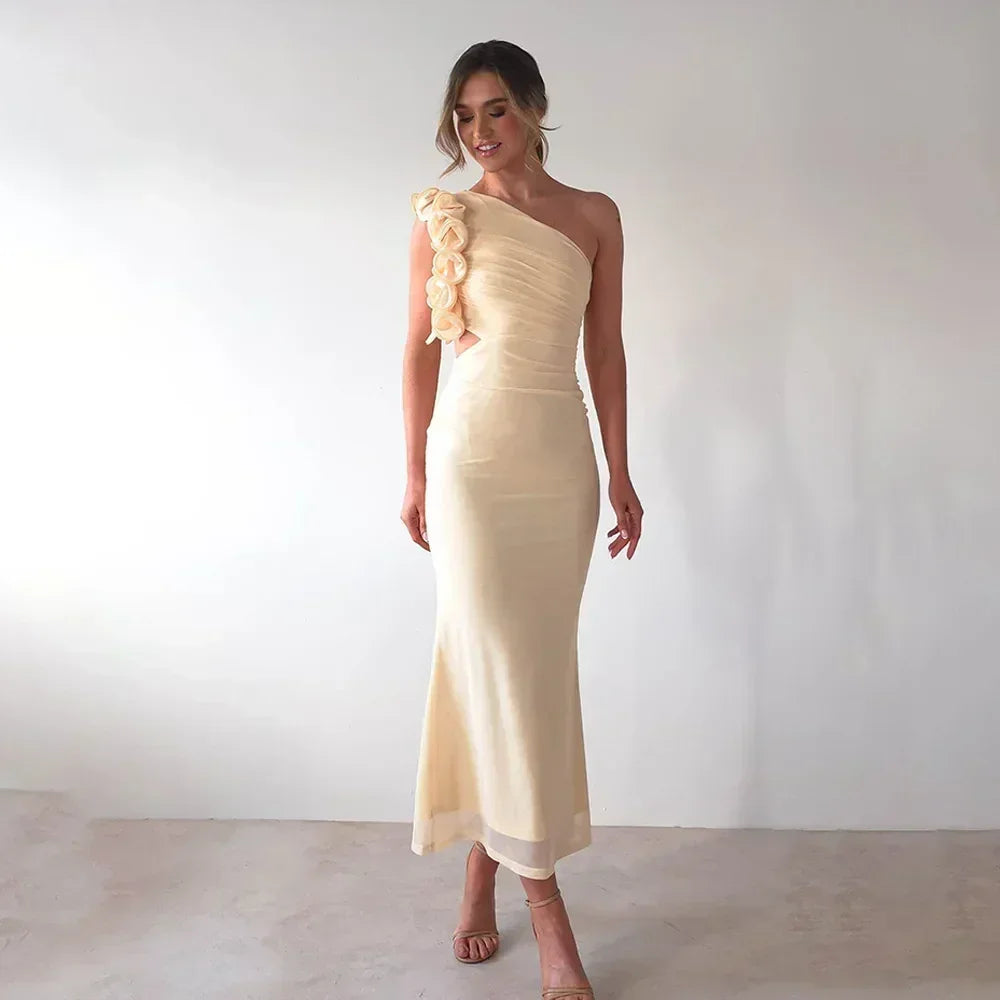 Articat Elegant Sleeveless Slant Shoulder Flower Dress Women Spring/Summer 2025 Sexy Mesh Wrap Hip Dress Party Evening Dress