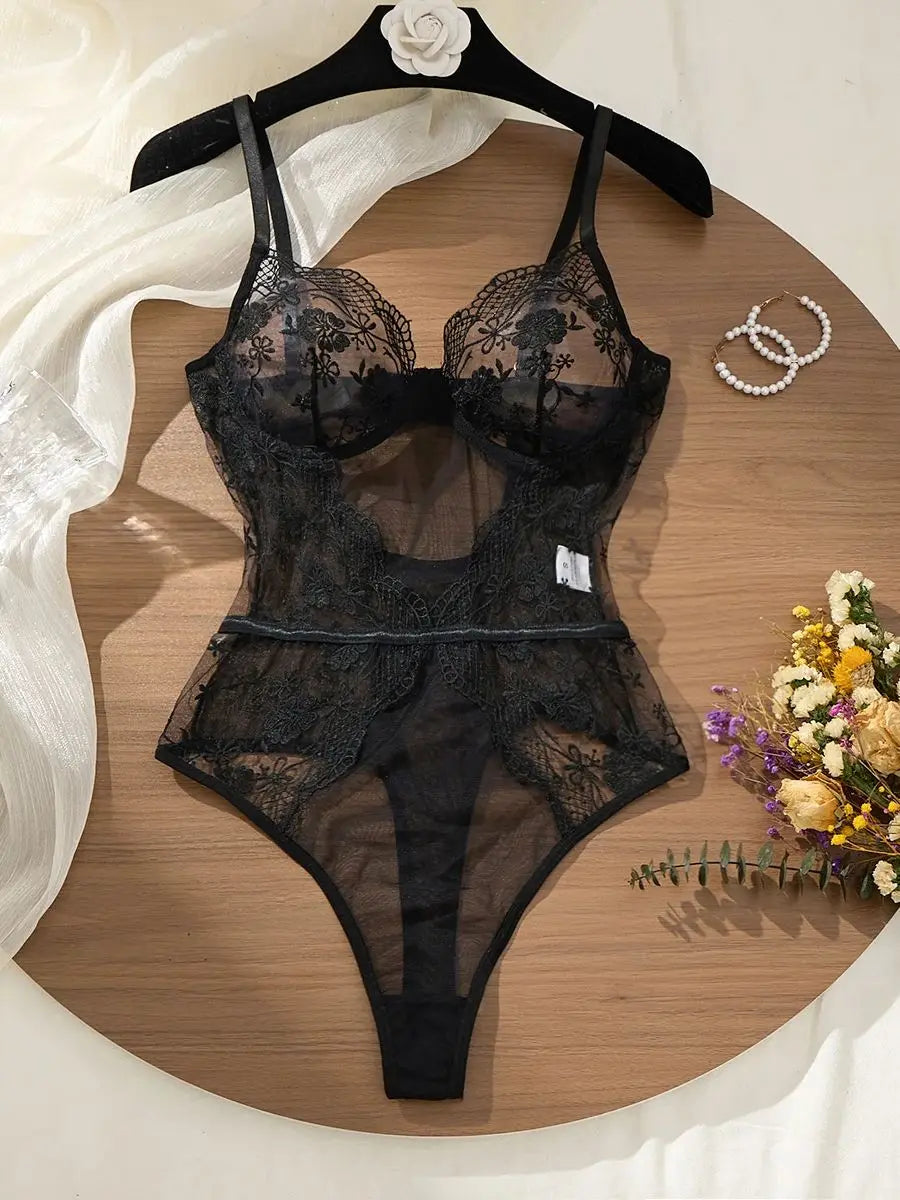 Black Lace Bodysuit with Floral Embroidery Sexy High-Waist Triangle Panties Strap Design Shapely Cutout to Highlight Women's Cur