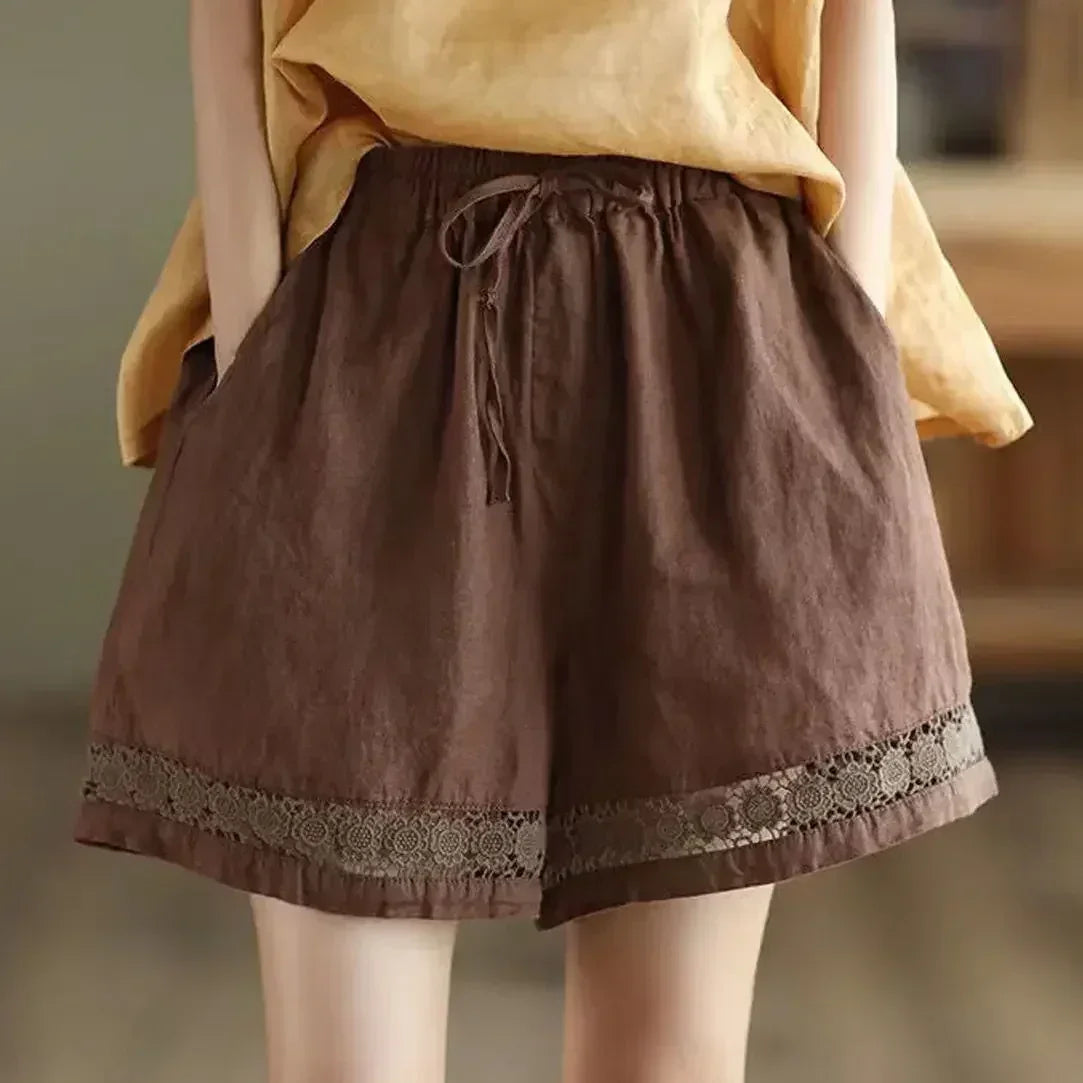 Cotton Linen Vintage High-Waist Elastic New Style Tie-Belt Embroidered Hollow Casual Straight Shorts