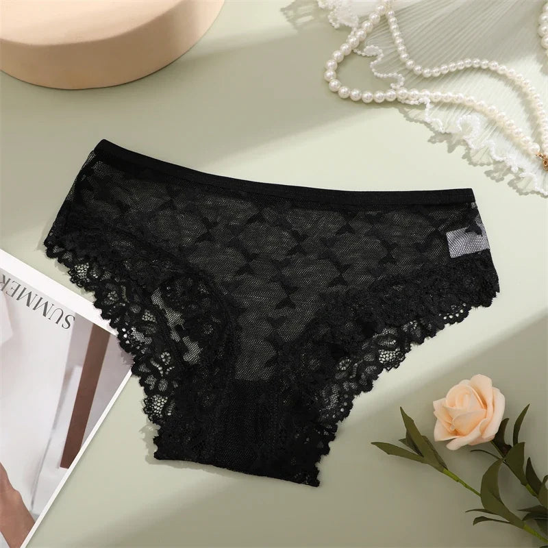 4PCS Lace Bikini Briefs Panties Women's Transparent Lingerie Sexy Female Underpants Floral Lace Perspective Waist Band Briefs