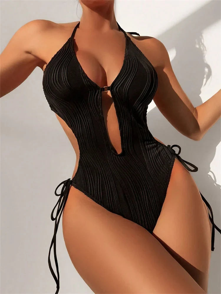 One Piece Swimsuit for Women 2024 Lace Patchwork Green Hollow Out Thong Swimwear Beach Bathing Suit Tie Side Backless Monokini