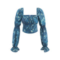 Teal Daisy Print Crop Blouse For Women Square Neck Sheer Puff Sleeves Ruffled Cuffs For Summer Evenings Garden Romantic RIOL