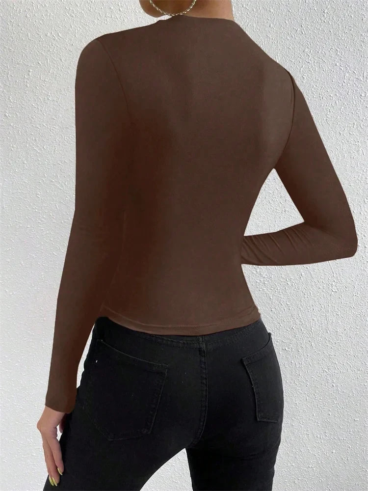 Casual Pleated Mock Neck Long Sleeve T-shirt for Women Autumn Winter Spring Solid Color Ruched Skinny Slim Fit Blouse Top Tshirt