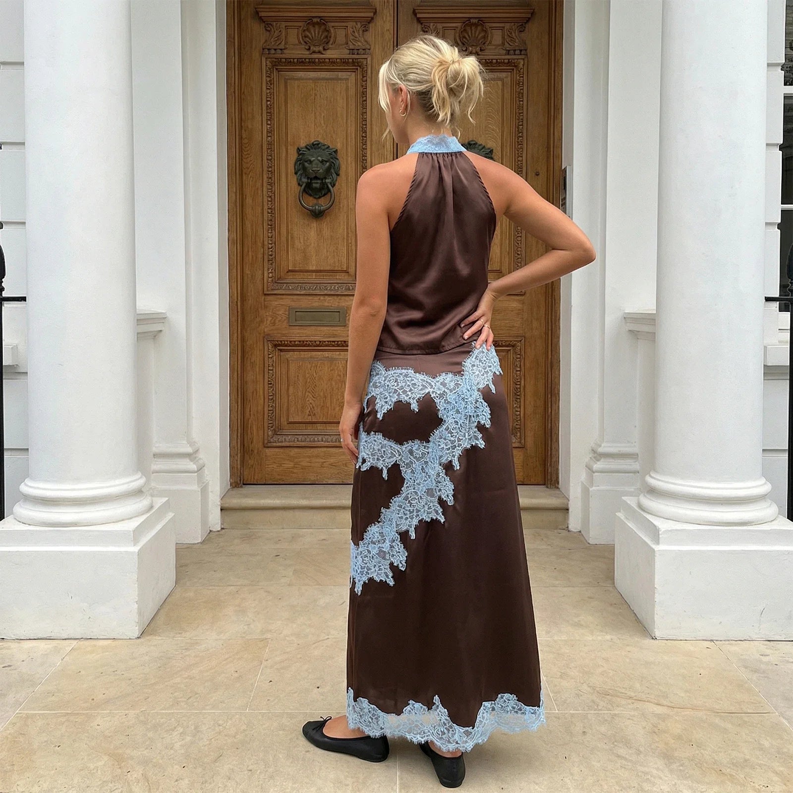 Women 2 Piece Outfits Solid Color Stylish Lace Patchwork Sleeveless Deep V Neck Satin Tops and Long Skirt Summer Suits
