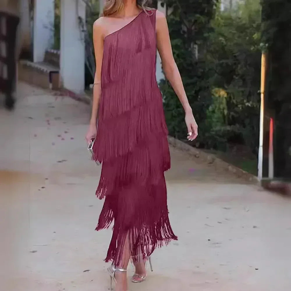 Spring and Summer New Fashion Fringed Slanted Shoulder Asymmetrical Dress for Women