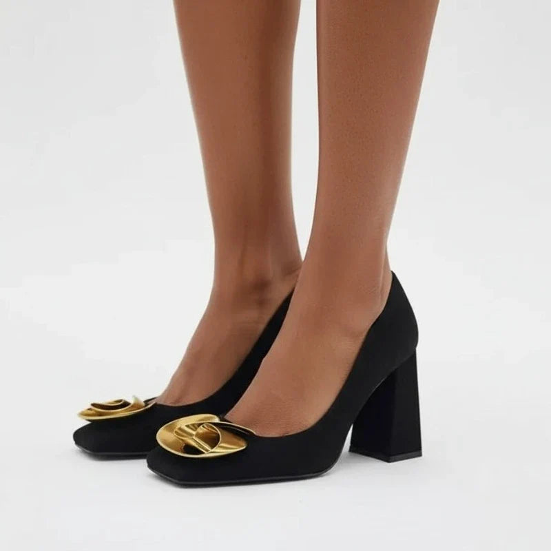 Vintage Elegant Women's Pumps Black Suede Leather Square Toe Block Heel, Gold Metal Flower Buckle Office Party Dress Shoes