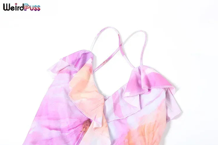 Weird Puss Flower Print Dress Woman Summer Strapless Splits Irregular Tassel Patchwork Backless Bandage Party Skinny Vestidos