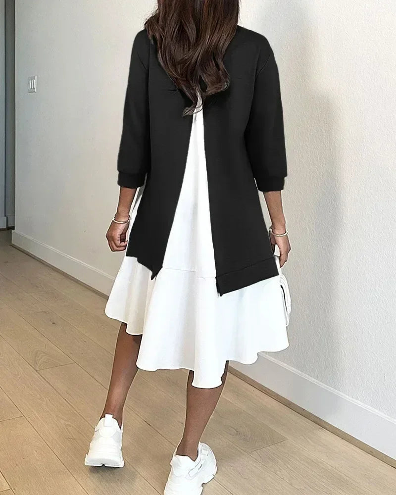 Spring Women O-Neck Long Sleeve Loose Mini Dress Autumn Vintage Sweatshirt Dresses Casual Fashion Patchwork Ruffles A-Line Dress