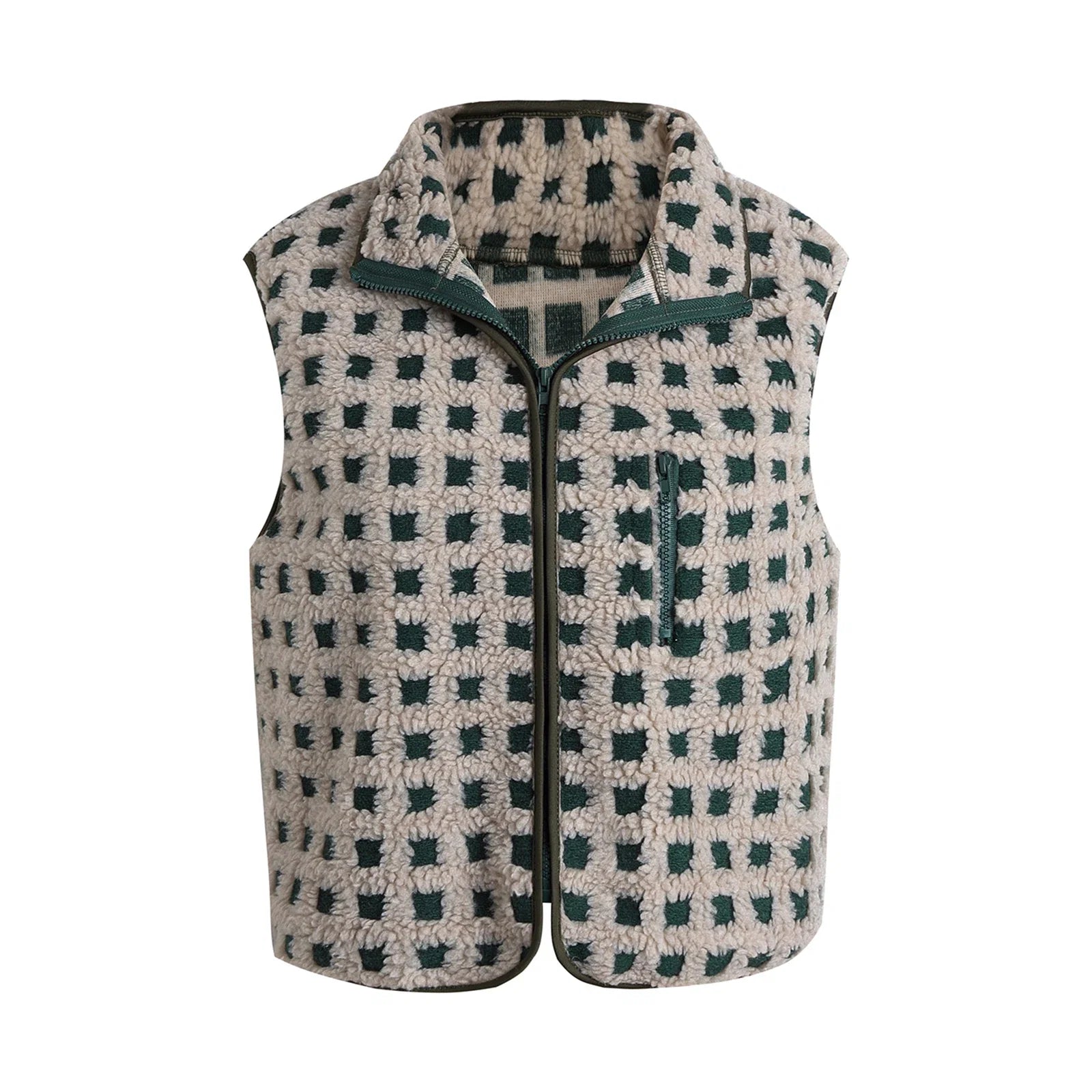 Women’s Fuzzy Checkered Vest Sleeveless Stand Collar Zip Up Vest Jacket Loose Spring Fall Warm Outwear