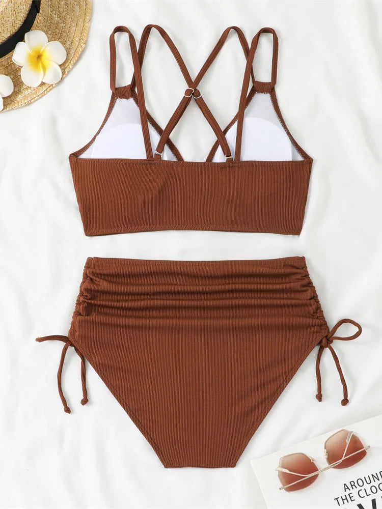 Women's Two Piece Swimsuit Black Double Strap Push Up Pleate Drawstring Side High Waist Bikini 2025 Beach Bathing Suit Swimwear