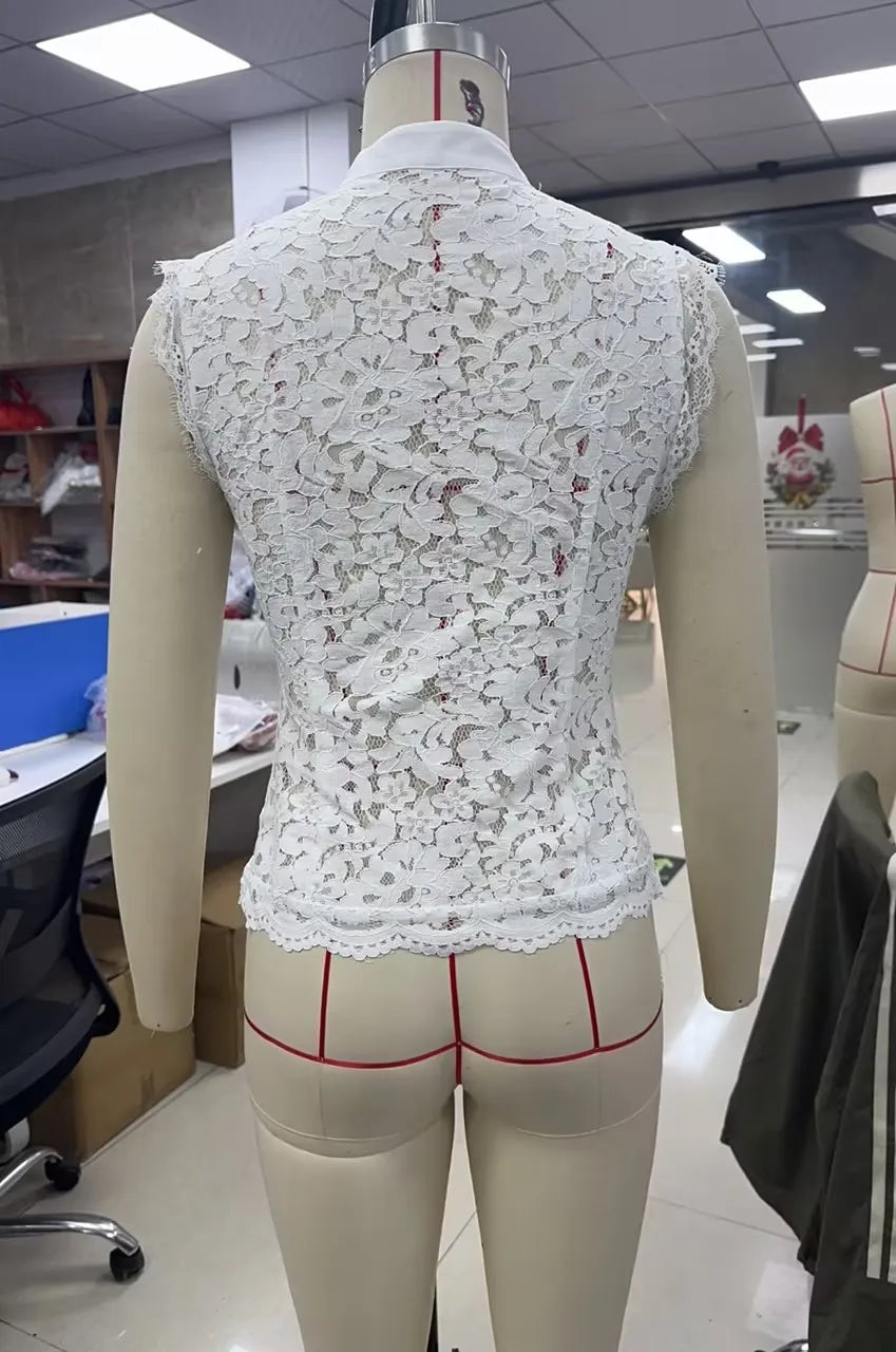 Y2K Aesthetic Solid Color Lace Crop Top Sleeveless Chinese Frog Button Vest Women's Summer Party Streetwear