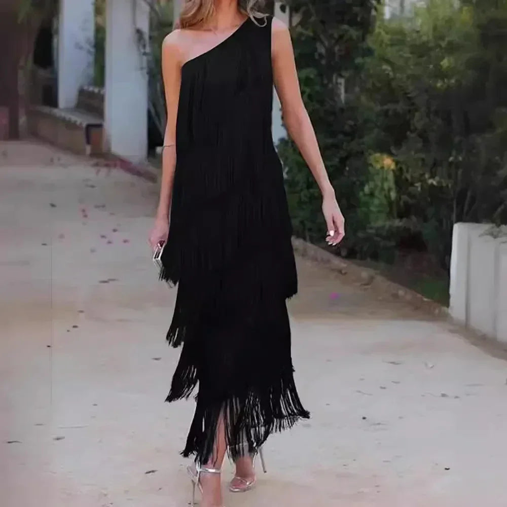 Spring and Summer New Fashion Fringed Slanted Shoulder Asymmetrical Dress for Women