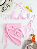 Sexy Solid Brown Bikinis Set Women Ribbed Halter Push Up Mesh Skirt Swimsuit 2024 Mujer Brazilian Bathing Suit Cover Up Swimwear