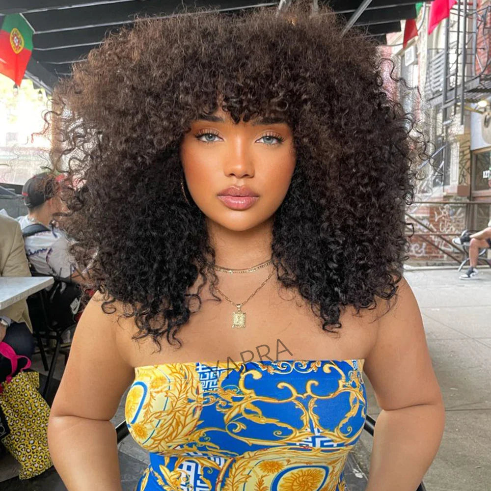 Afro Kinky Curly Human Hair Wig With Bangs For Black Women 180% Density Glueless Brazilian Remy Full Machine Made Hair Yarra