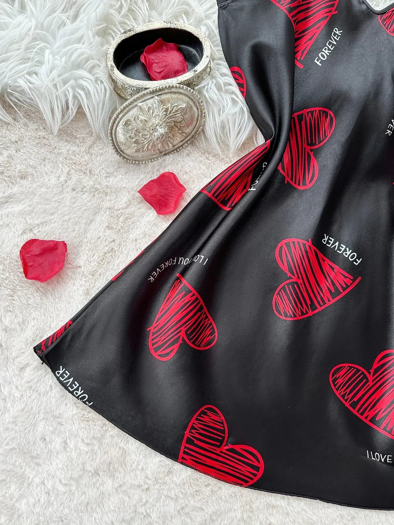 Valentine's Day Red Lip Print Satin Slip Straps Nightdress V Neck Backless Mini Sleep Dress Women's Nighties Sleepwear Dresses