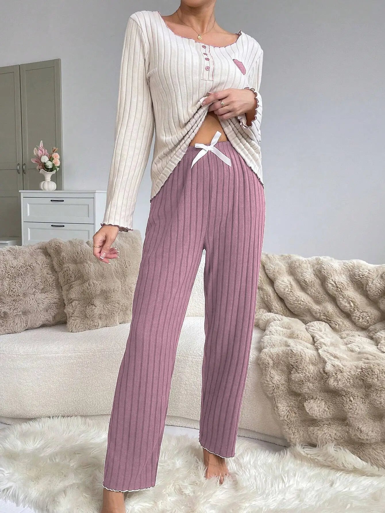 Women Autumn Winter Sleepwear Casual Long Sleeve Heart Printd Tops and Long Trousers Pajamas Set Homewear Loungewear