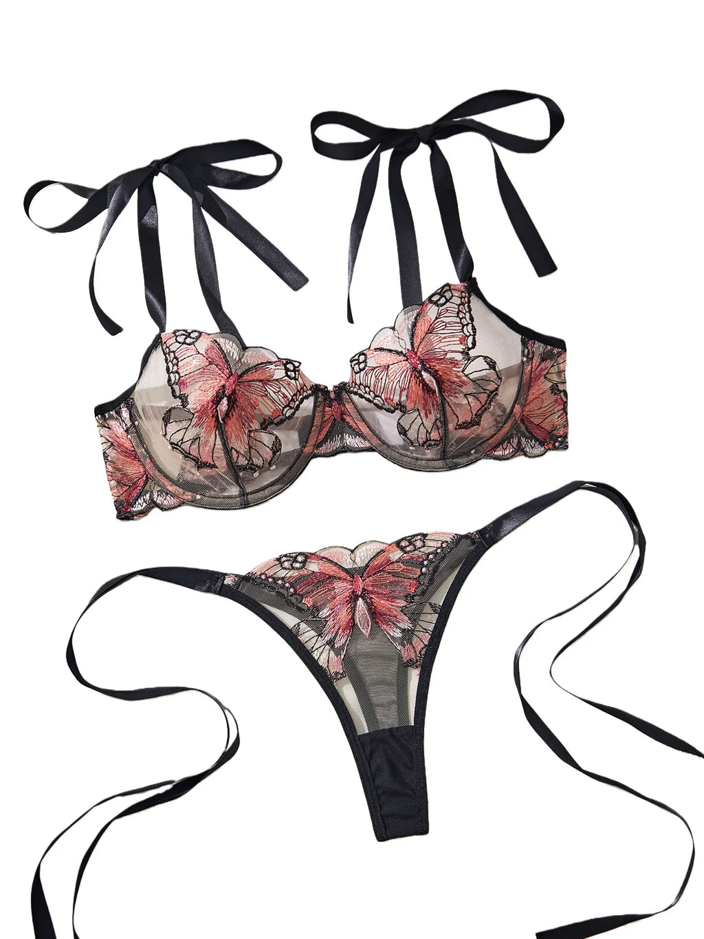 Lady 2 Pieces Lingerie Elegant Bowknot See Through Sexy Butterfly Bra Panty Cute Girl Intimate Underwear Set