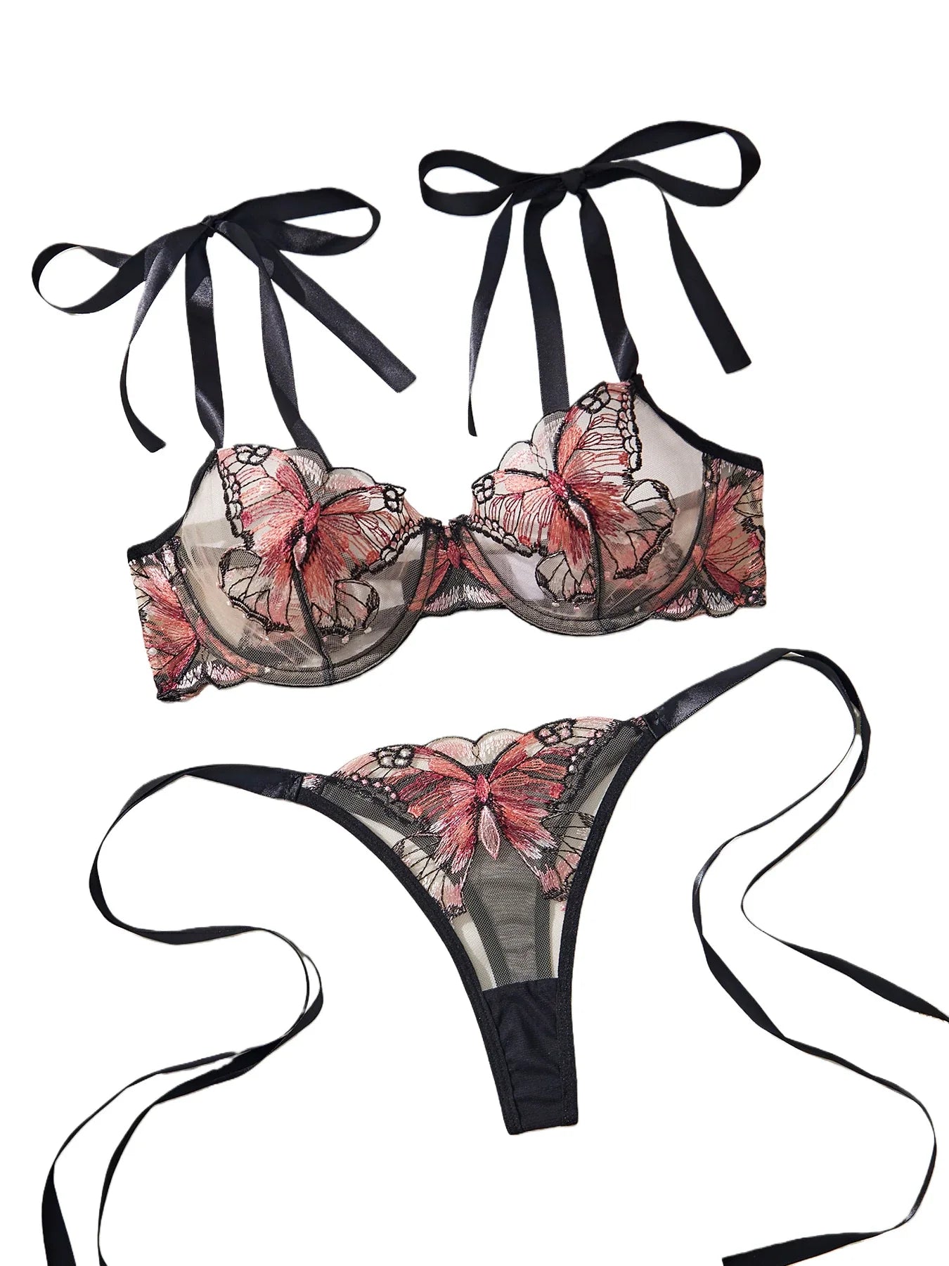 Lady 2 Pieces Lingerie Elegant Bowknot See Through Sexy Butterfly Bra Panty Cute Girl Intimate Underwear Set