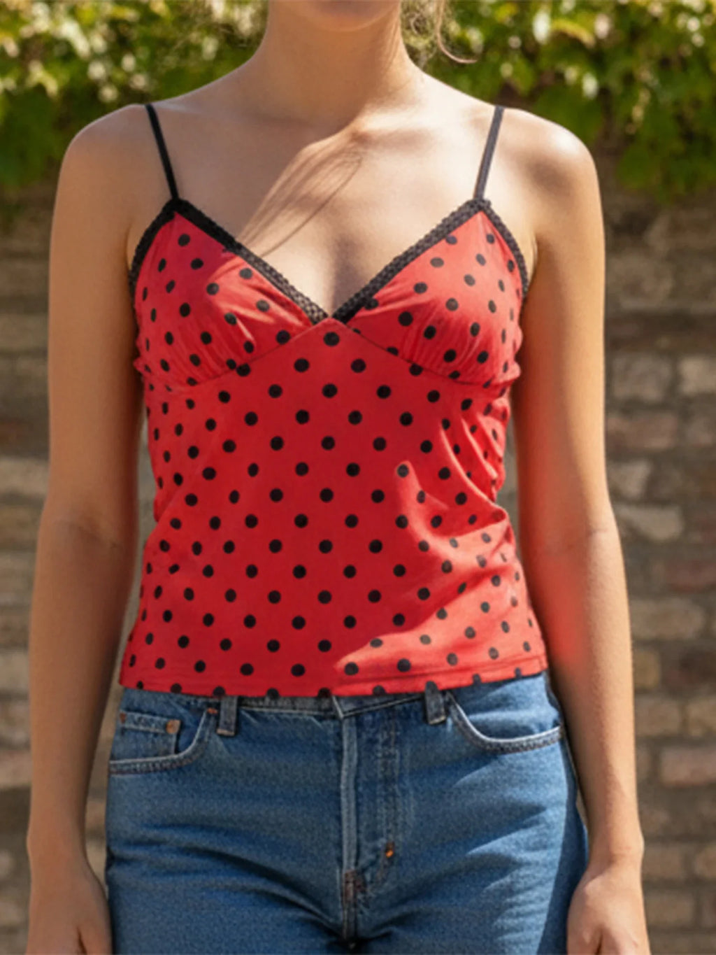 Summer Camisole Women Fashion Deep V Neck Sleeveless Spaghetti Strap Dot Print Lace Patchwork Bow Decor Vest
