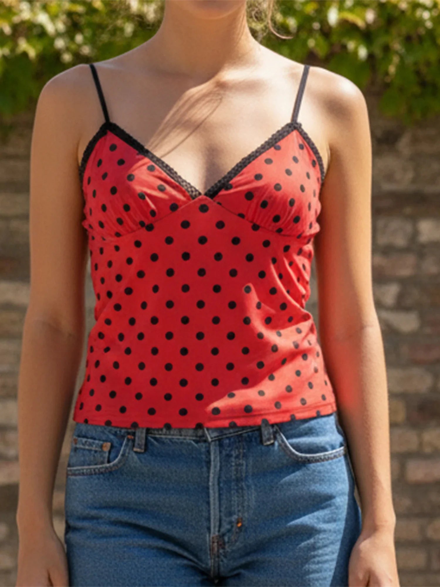 Summer Camisole Women Fashion Deep V Neck Sleeveless Spaghetti Strap Dot Print Lace Patchwork Bow Decor Vest