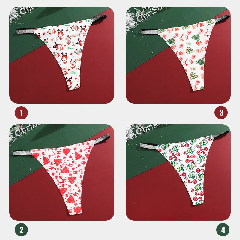4Pcs Christmas Print Underwear Breathable Shiny Belt Thong Women Skin-friendly Fashionable Casual Christmas Gifts