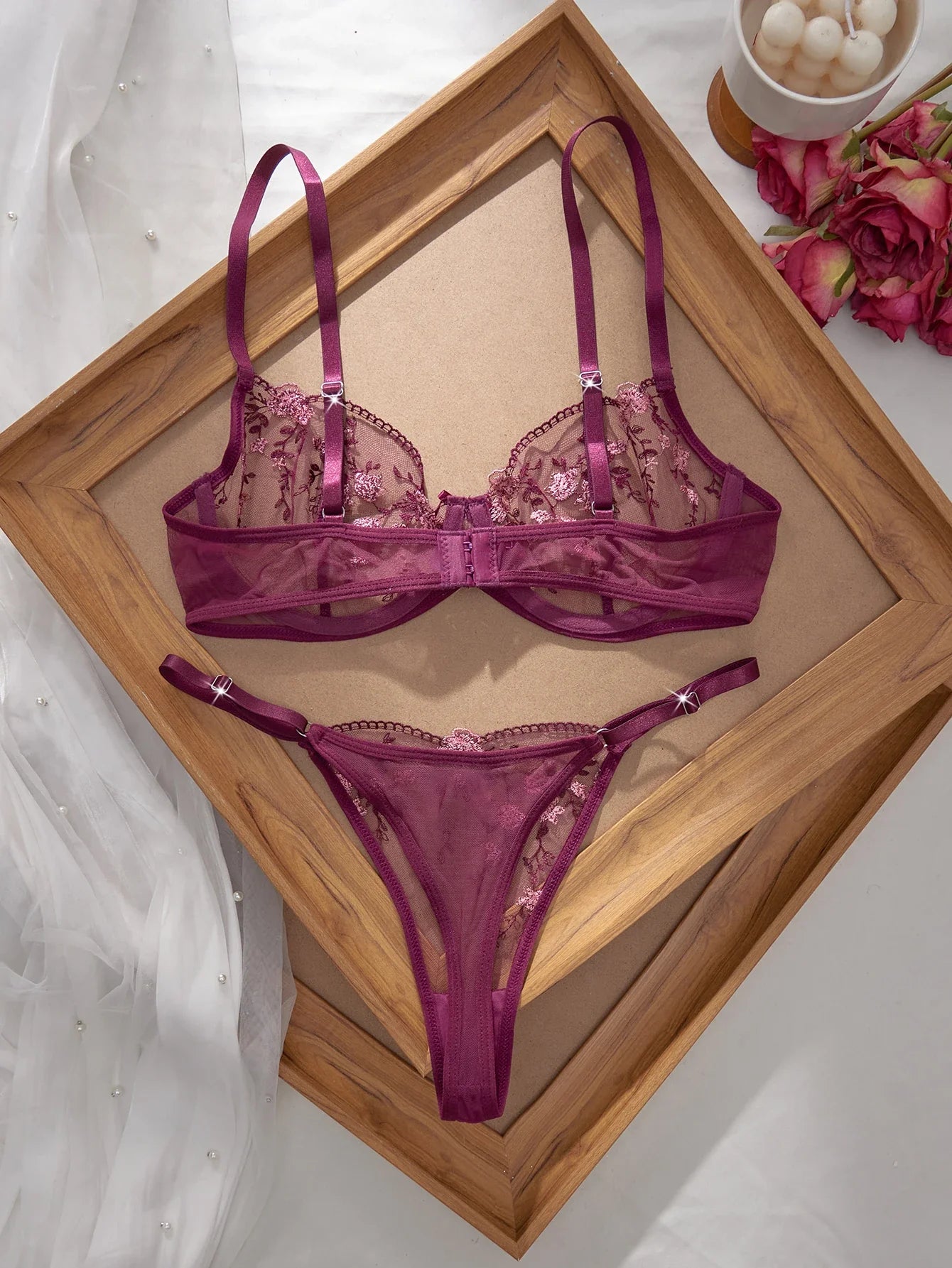 Ladies Classic Black Blue Floral Print Ultra-Thin Bra And Panties Set Elegant Underwear Combo for Women