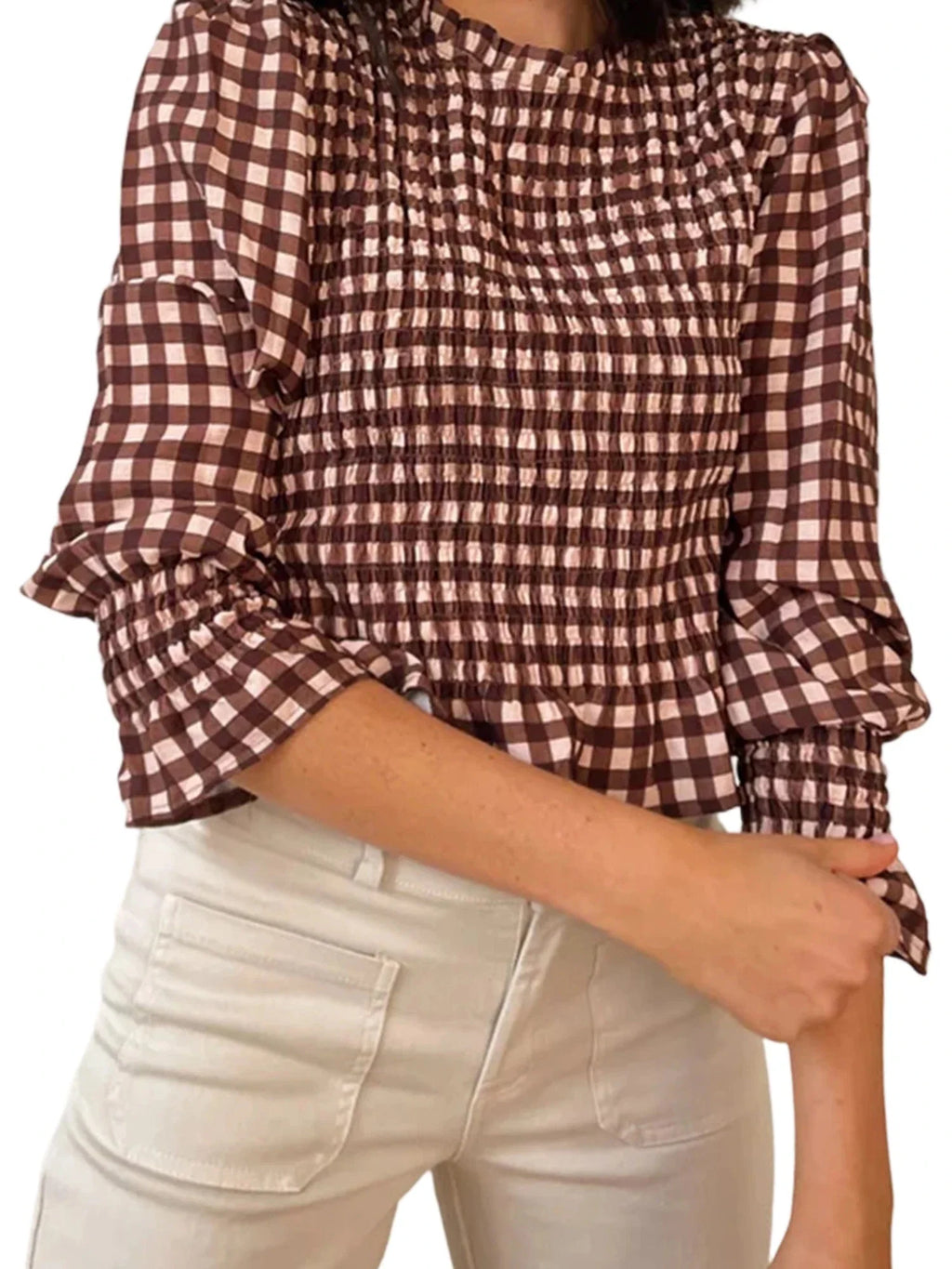 Women Fashionable Casual Round Neck Smocked Bubble 3/4 Sleeve Tops Summer Fall Plaid Print Ruffled T-shirts