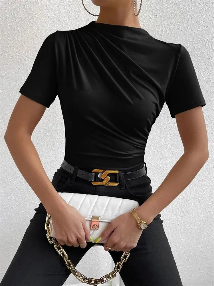 Women Short Sleeve Pleated T-shirt Summer Casual Slim Fit Mock Neck Ruched Tee Top Streetwear