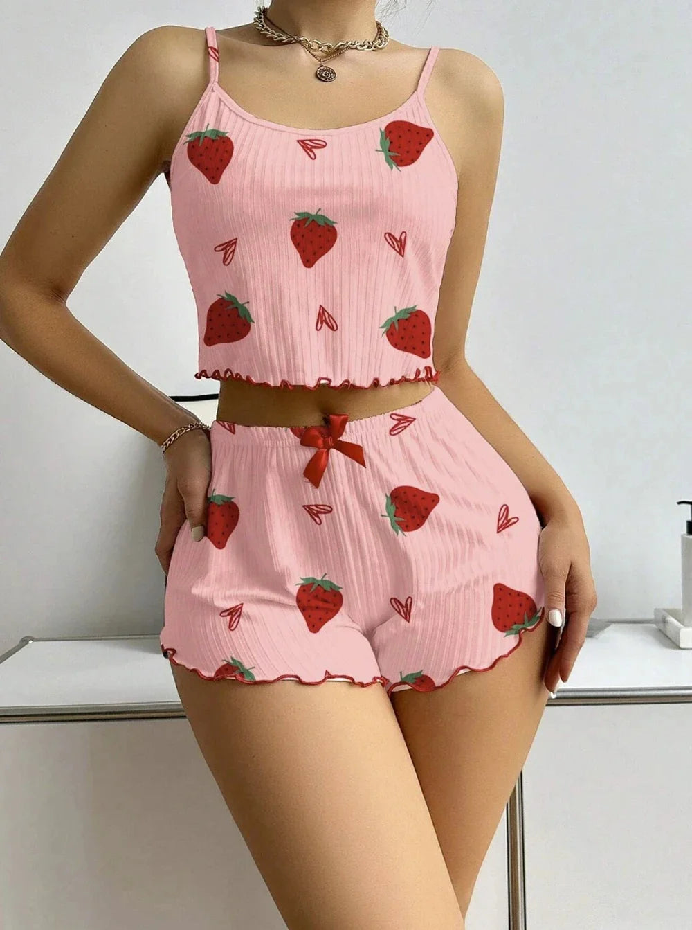 Women's Strawberry Print Ribbed Knit Ice Silk Camisole Pajama Set Comfortable Two-Piece Sleepwear for Summer