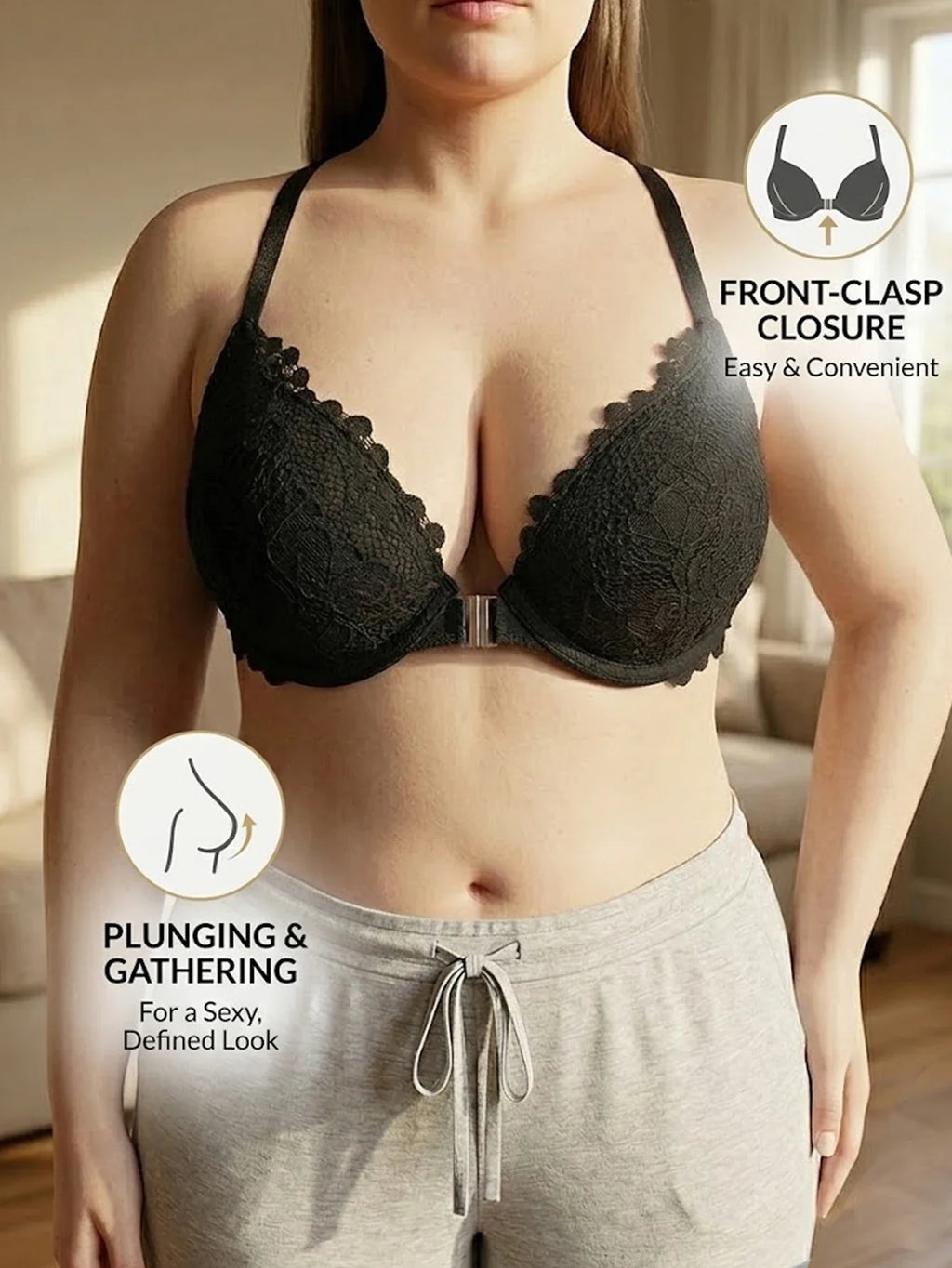 Plus Size Women's Floral Lace Push Up Bra Lace Backless Underwear with Underwire Side Support Minimizer Comfortable Lingerie