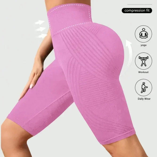 Women‘s Seamless Yoga Shorts High Waisted Striped Slim Shorts Sexy Butt Lifting Gym Trainning High Elastic Five Point Pants