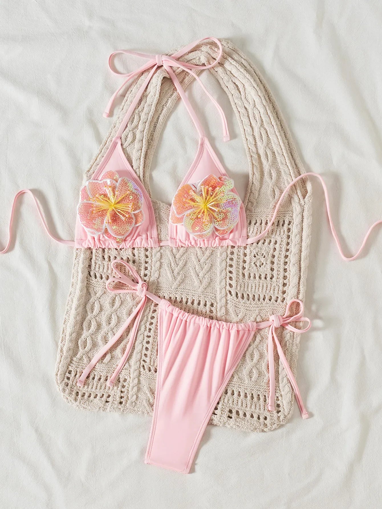 Sexy Pink 3D Floral Bikini Set 2025 Women Halter Push Up Bra Lace Up Swimsuit Beach Bathing Suit Tie Side Thong Swimwear Biquini